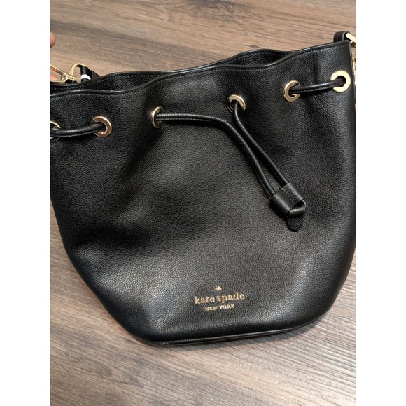 Kate Spade Black Pebbled Leather Bucket Bag with Tortoise‎ Chain and Pouch